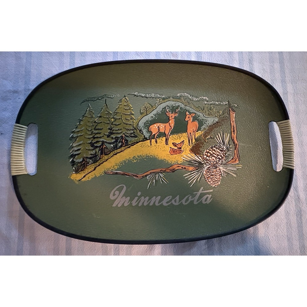 Vintage Tilso Serving Tray "Minnesota" 1960's Japan Deer, Pine Trees & Cones HTF